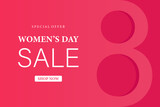Poster or banner with Women's day. 8 March. Special offer discount. Background for sale. Happy Women's day header or voucher template.