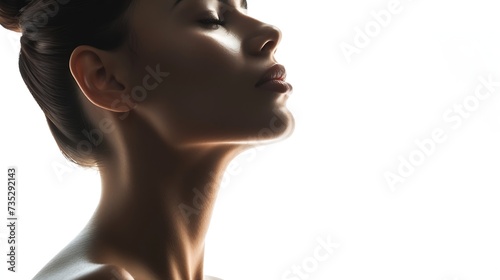 Generative AI : Beautiful woman cares for the skin neck- posing at studio isolated on white © The Little Hut