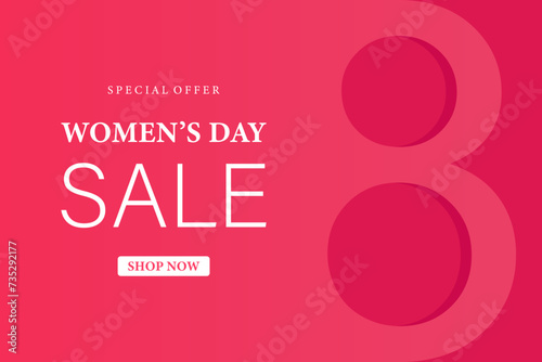 Poster or banner with Women's day. 8 March. Special offer discount. Background for sale. Happy Women's day header or voucher template.