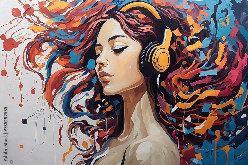 Immerse in the moment: A girl, eyes closed, wearing headphones, her multicolored hair reflecting the vibrant hues of music. It's a serene reminder of how music can soothe the human mind.