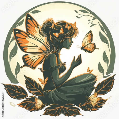 fata elfa  sagoma scura con decori di foglie rane e farfalle  logo sui sfondo bianco