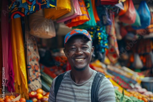 A cheerful shopkeeper stands in his marketplace stall, proudly displaying his produce and wearing a warm smile as he welcomes customers to his outdoor bazaar