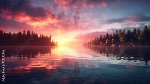 A serene sunset reflected in a calm lake, portraying the tranquility of mindfulness meditation. © Designs By Bia