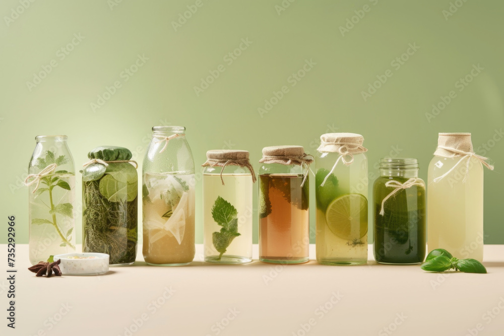 Variety of homemade fermented drinks in the glass bottles and jars, healthy organic probiotic beverage Variety of homemade fermented drinks in the glass bottles and jars, healthy organic probiotic beverage