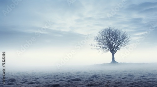 A solitary tree standing tall in a mist-covered field, symbolizing resilience in the face of challenges.