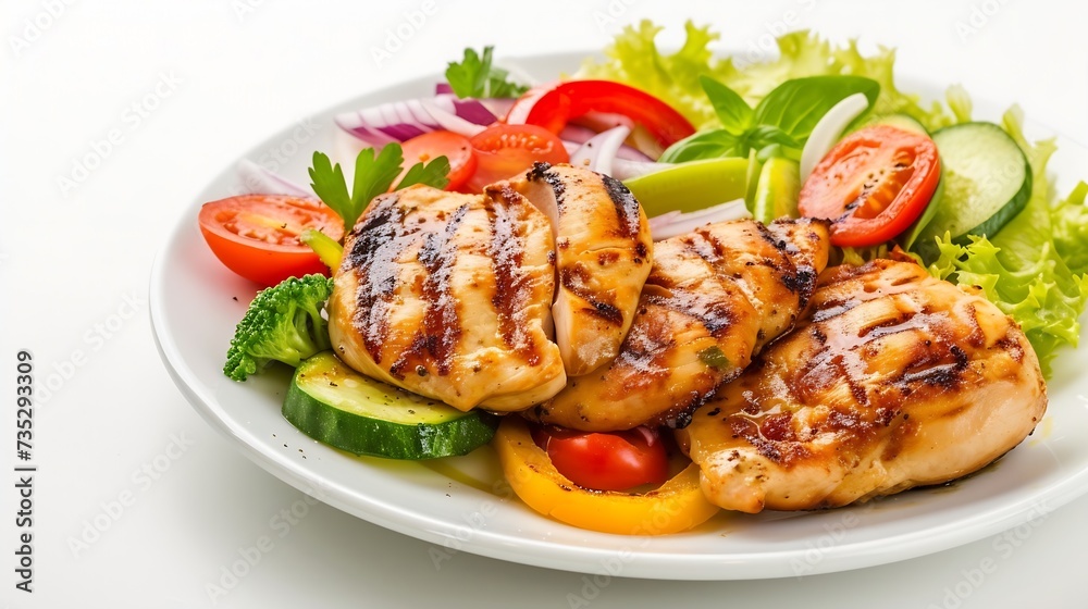 Generative AI : plate of grilled chicken with vegetables isolated on white background Generative AI : plate of grilled chicken with vegetables isolated on white background