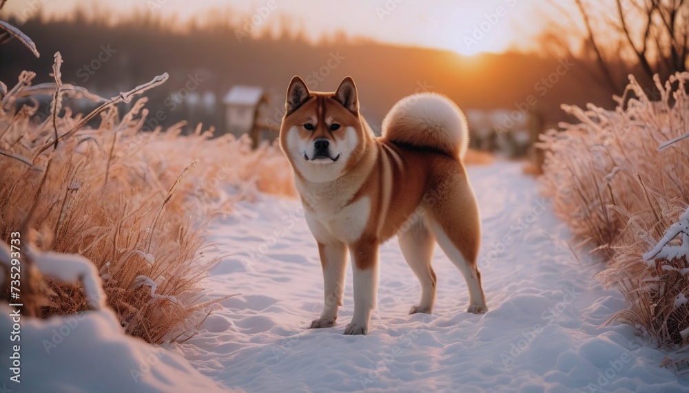 Akita inu, dog at dawn, purebred dog in nature, happy dog, beautiful dog Akita inu, dog at dawn, purebred dog in nature, happy dog, beautiful dog