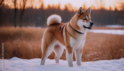 Akita inu, dog at dawn, purebred dog in nature, happy dog, beautiful dog photo