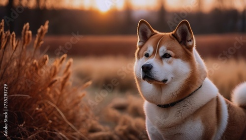 Akita inu, dog at dawn, purebred dog in nature, happy dog, beautiful dog photo