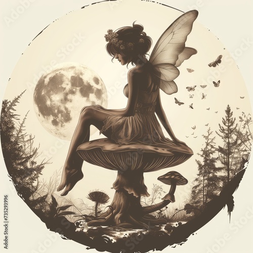 fata con ali di farfalla seduta su un fungo, sagoma scura su sfondo bianco photo