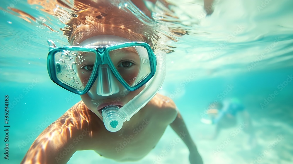 Generative AI : boy with snorkeling mask diving in underwater in water sport outdoor.