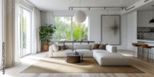 Defocused shot of a bright, airy Scandinavian-style living space with minimalist design. Resplendent. © Summit Art Creations
