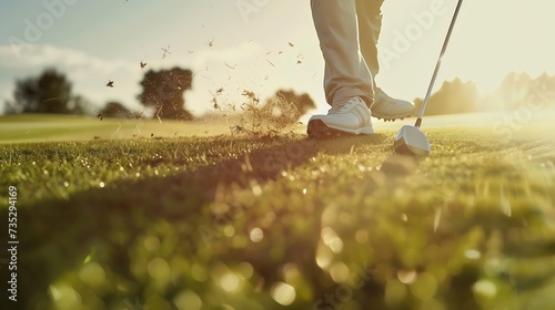 Generative AI : Golfer hitting golf shot with club on course while on summer vacation