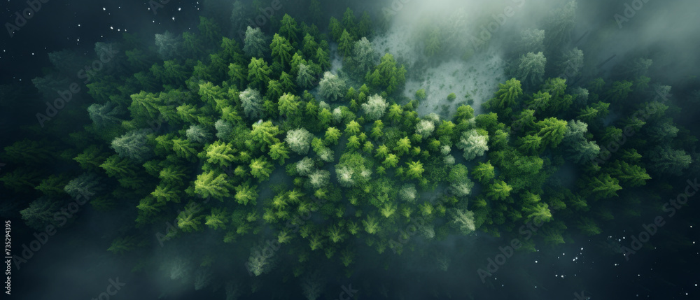 Fototapeta premium Aerial View of Lush Green Forest Canopy with Mist and Winding River