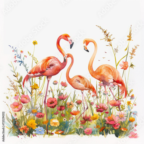 Flamingo in tropical plants on a white background. Watercolor illustration.