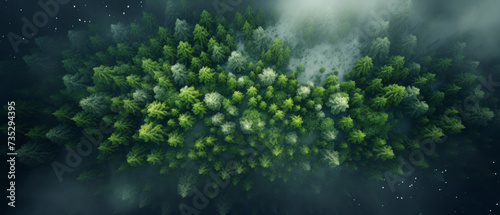Aerial View of Lush Green Forest Canopy with Mist and Winding River