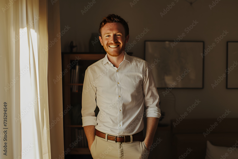 a smiling man in pants in a lively room a smiling man in pants in a lively room
