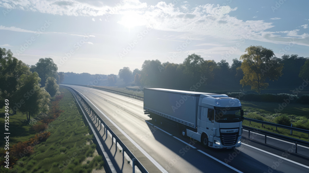 semi-truck is driving on a highway with motion blur, indicating speed, during a sunny autumn day with colorful trees on the side of the road. semi-truck is driving on a highway with motion blur, indicating speed, during a sunny autumn day with colorful trees on the side of the road.