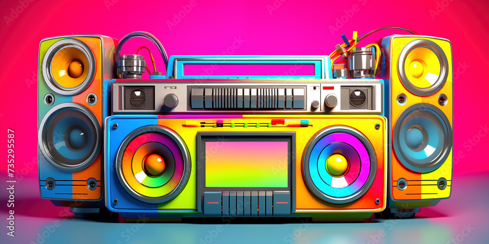 Cassette recorder for organizing dance parties. Colorful musical equipment in retro style. Cassette recorder for stereo sound playback - obrazy, fototapety, plakaty 