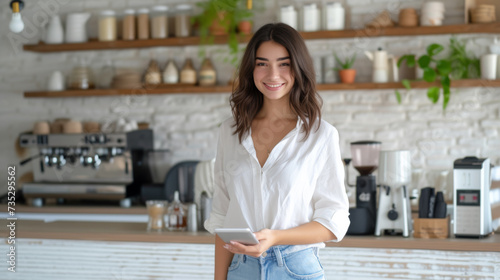 young woman with a friendly smile, holding a tablet and standing in a modern kitchen or coffee shop.