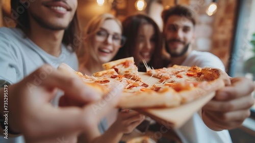 Generative AI : Close up of multiethnic young people gather in pizzeria together have fun sharing tasty Italian food