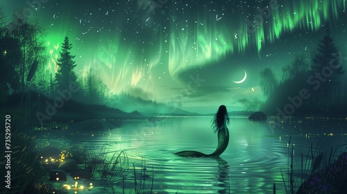 batch_At the edge of a tranquil lake  under the soft light of the moon  a graceful mermaid emerges from the depths  her shimmering tail glistening with iridescent scales 