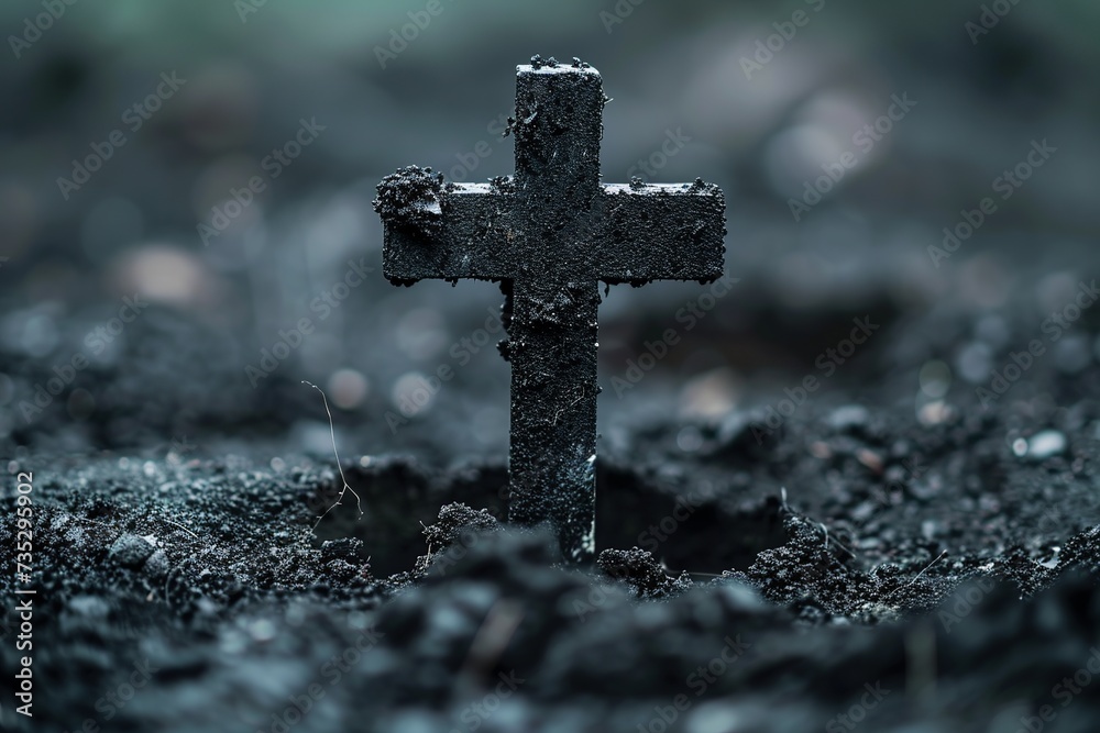 Capture the essence of Ash Wednesday with a visual representation showcasing the Christian cross and ash as symbols of religion, sacrifice, and the redemption of Jesus Christ