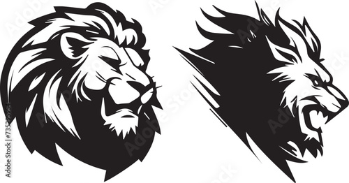 Head of a fierce angry lion, black vector outline