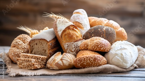 Generative AI : Different kinds of bread with nutrition whole grains on wooden background. Food and bakery in kitchen concept. 