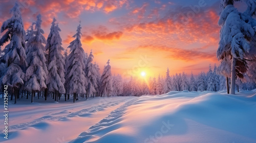 Snowy forest in beautiful winter at golden sunset © Julie