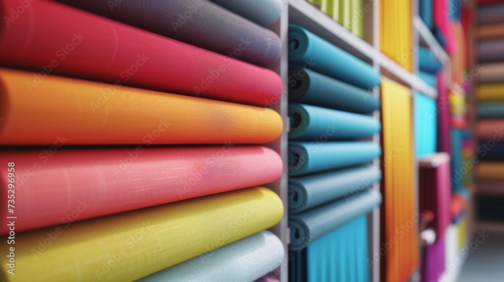 Shelves are lined with colorful fabric swatches and sample products highlighting the potential for customization and personalization in the microfactory production process. Shelves are lined with colorful fabric swatches and sample products highlighting the potential for customization and personalization in the microfactory production process.