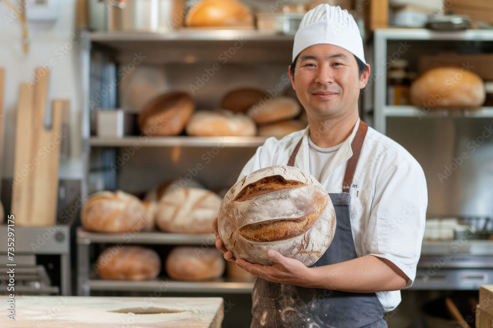 Baker or cooking chef holding fresh homemade sourdough bread in his hands Baker or cooking chef holding fresh homemade sourdough bread in his hands