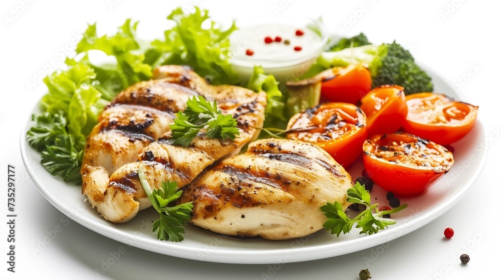 Generative AI : plate of grilled chicken with vegetables isolated on white background