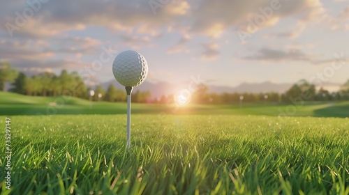 Generative AI : Golf ball on tee in beautiful golf course at sunset background. 