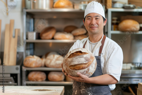 Baker or cooking chef holding fresh homemade sourdough bread in his hands