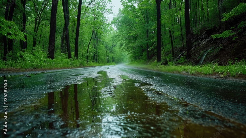 Scenic view of the forest road with water pits after rainfall