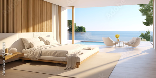 Country villa bedroom with access to terrace with swimming pool. Interior of house overlooking sea bay. Cottage bedroom with large window near bed © Gregorii
