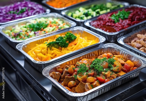 Buffet meals for a festive party. Delicious colorful meat and vegetable dishes.