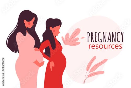 Pregnancy resources type. Sad pregnant female characters. Slim pregnant women. Sad pregnant female characters. Problem pregnancy. Flat cartoon vector illustration