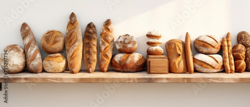 Bread Variety on Wooden Shelf Against a Neutral Background