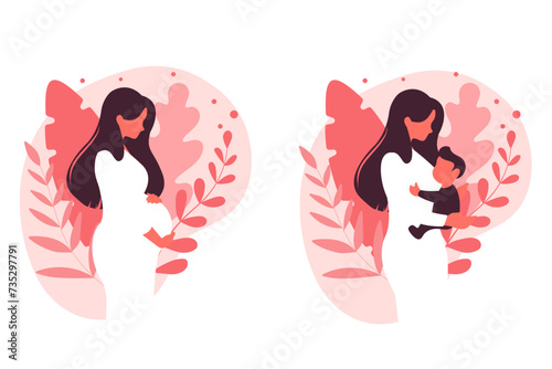 Modern concept illustration. Pregnancy and motherhood. A beautiful pregnant woman stands sideways. A young mother holds a child in her arms. Natural background with leaves. Stock vector