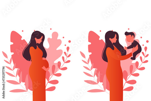 Modern concept illustration. Pregnancy and motherhood. A beautiful pregnant woman stands sideways. A young mother holds a child in her arms. Natural background with leaves. Stock vector