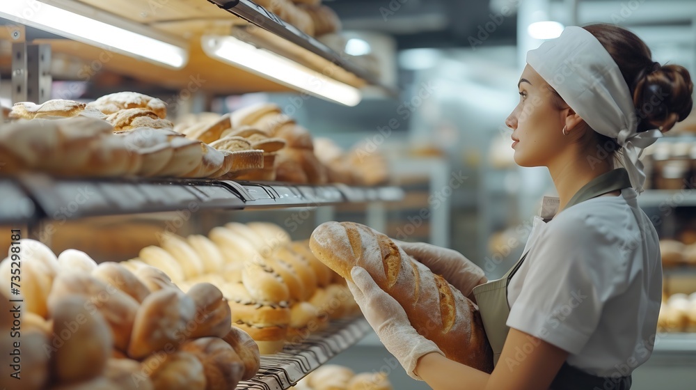 Generative AI : Bakery female worker in uniform selling loaf of bread to the customer in bakehouse. 