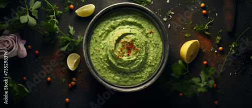 Gourmet Avocado Guacamole Garnished with Fresh Herbs and Spices on a Dark Background
