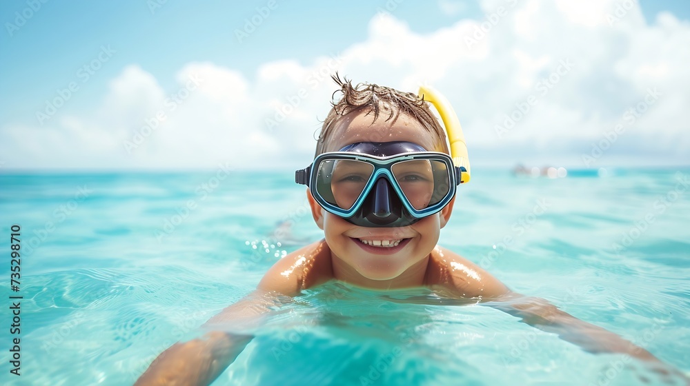 Fototapeta premium Generative AI : Happy cheerful boy in snorkeling mask diving in sea water on the beach and smiling in camera.