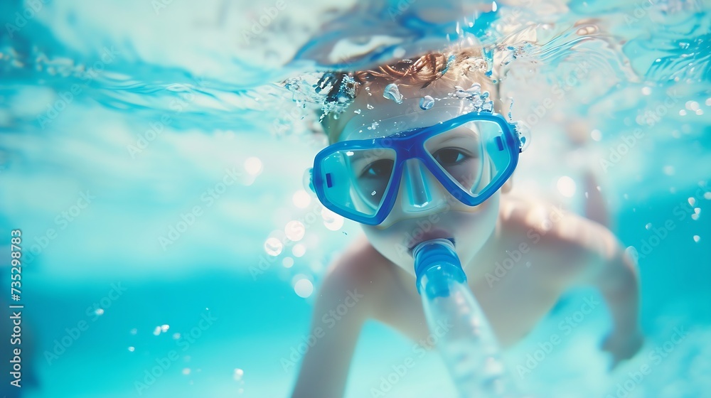Fototapeta premium Generative AI : child with snorkeling mask diving in underwater in swimming pool. 