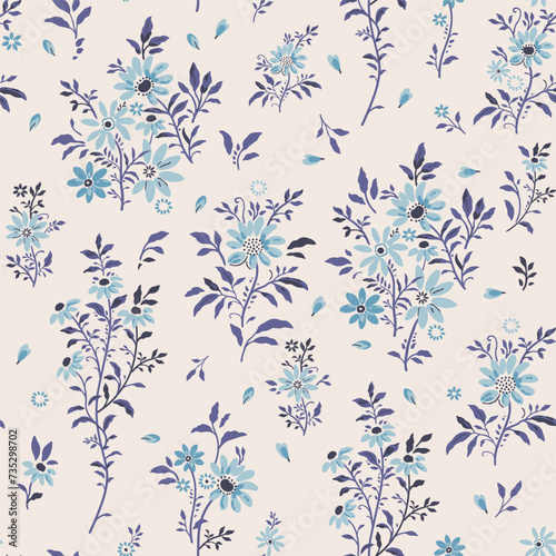Blue, colorful and seamless vector pattern, hand-drawn on a light beige background. This sketch can be used as wallpaper, textiles, fabric and designer packaging.