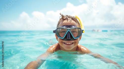 Generative AI : Happy cheerful boy in snorkeling mask diving in sea water on the beach and smiling in camera.  © The Little Hut