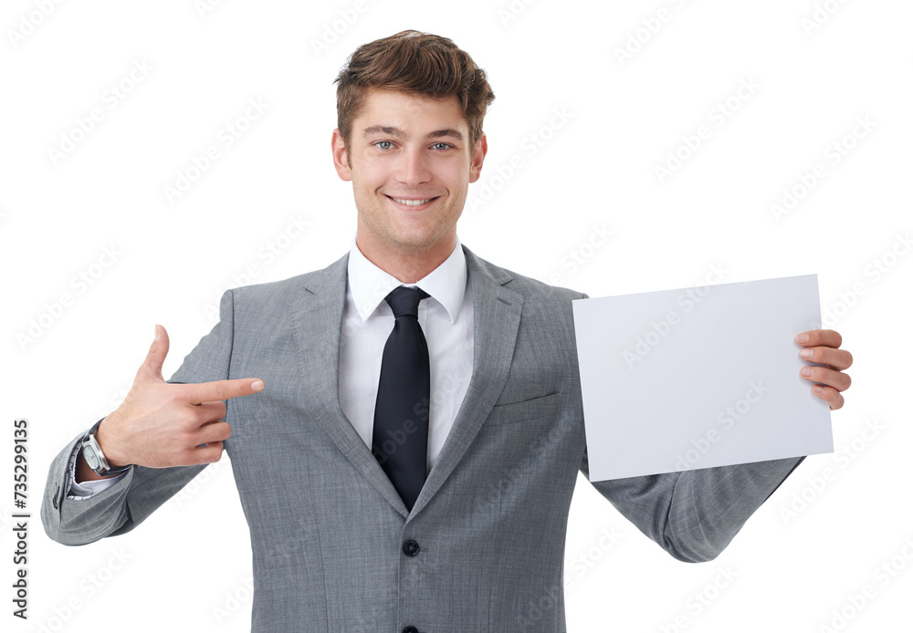 Portrait, business and man with a poster, pointing and employee isolated on a white studio background. Face, promotion or model with blank card and mockup space with feedback, review and announcement Portrait, business and man with a poster, pointing and employee isolated on a white studio background. Face, promotion or model with blank card and mockup space with feedback, review and announcement