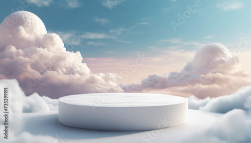 White podium sits on a white surface in front of a sky filled with clouds. Minimal scene for product presentation or advertising